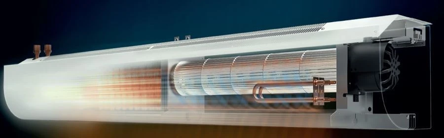 Stationary electric heat curtains with water heat exchanger, "KALASHNIKOV" trademark, model KAC-AD35xxW Curved, g