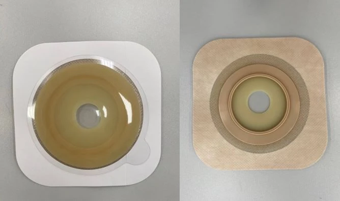 Rehabilitation device for stomical use in colostomies, ileostomies and urostomies: flat plate, convex plate.