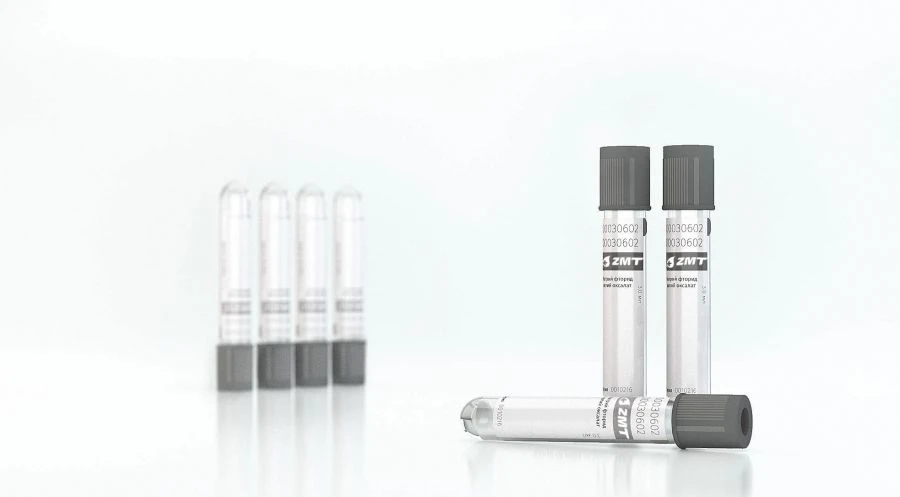 Vacuum tube for venous blood sampling "ZMT" with fluoride/oxalate filler, size 16X100 mm, sample volume 9,0 ml.