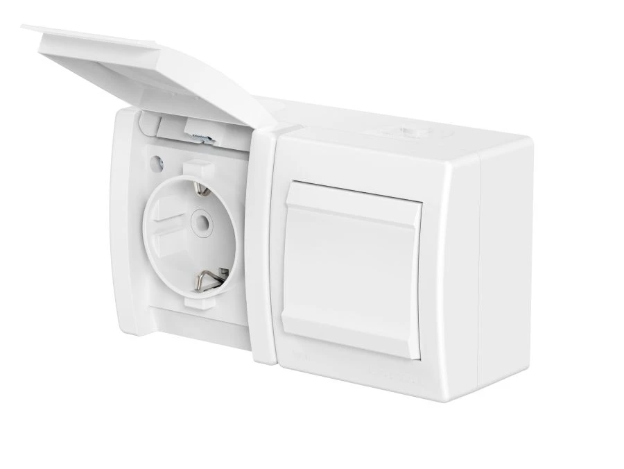 CADUCEUS ALING POWER Socket with switch for open installation with grounding with plastic base with cover 16A, 250V~,