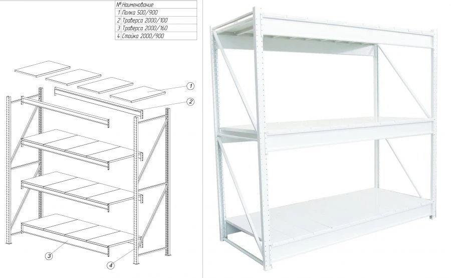 Shelving unit metal series "TS" warehouse 2000/600/2000 (2 tiers with shelves)