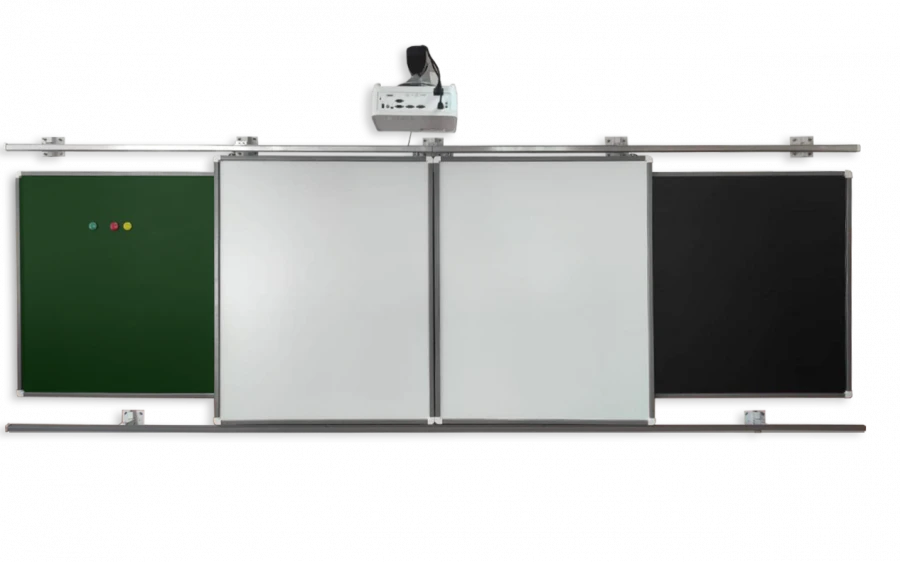 Rail system for sliding magnetic marker-chalk boards for classrooms