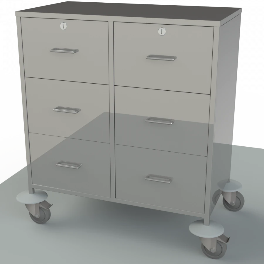 Anaesthesiologist's mobile table with table top, drawers and shelves made of stainless steel on the side, for storing supplies