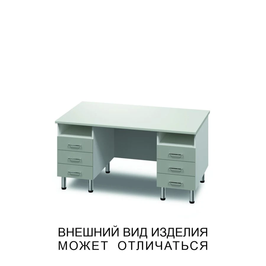 Two-desk unit with drawers, open shelves and screen