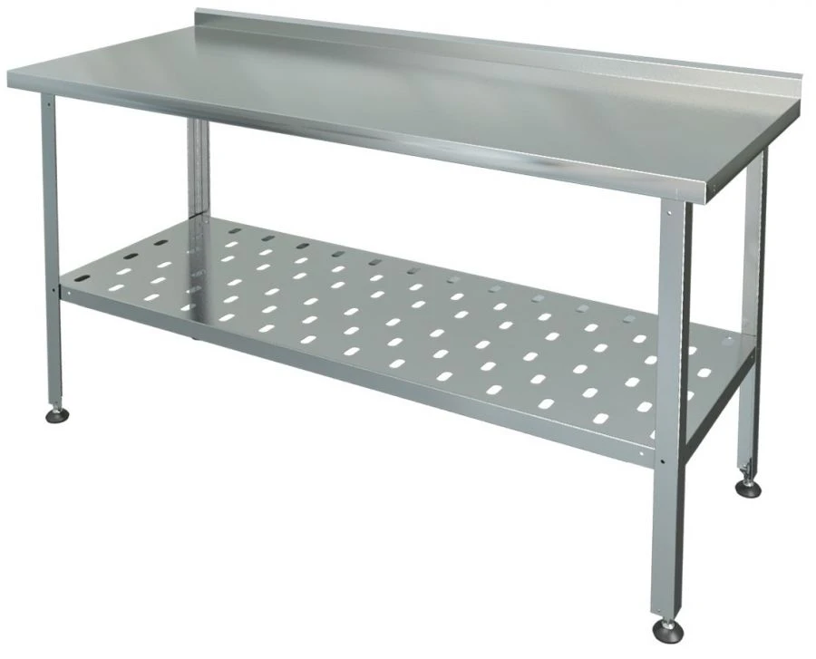 Production-cutting table with edge, perforated shelf SRP-1-0,6/0,6-PR (stainless steel)