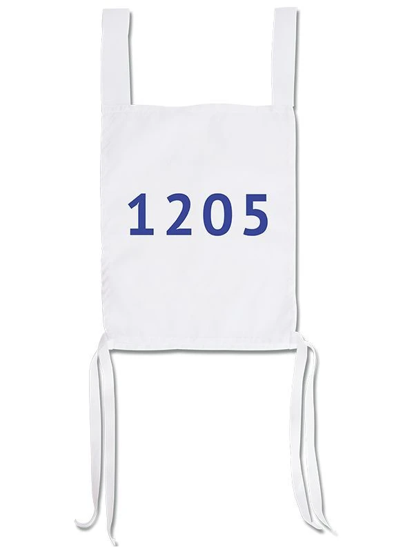 Sports (starting) number made of synthetic fabrics with application