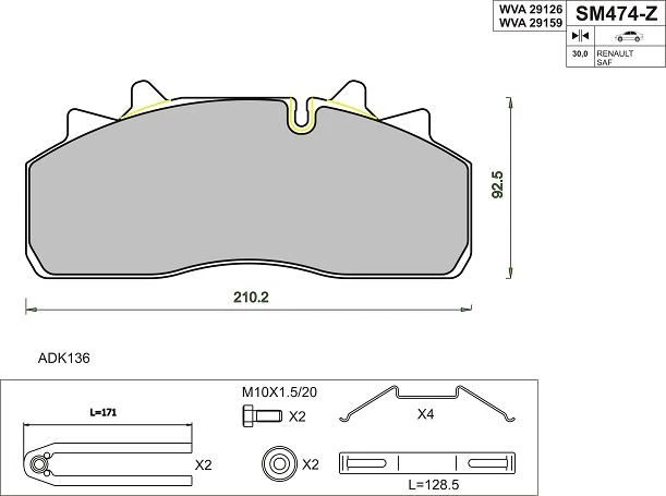 Disc pad for trucks SAF, DENNIS, DAF, Wabco PAN 19-1 WVA 29159