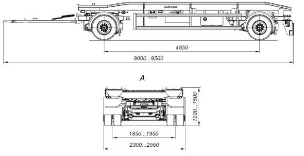 Double-axle container trailer 8465-15 with axles HJD13Y30S18-1840T16-060 with carrying capacity 12 tonnes