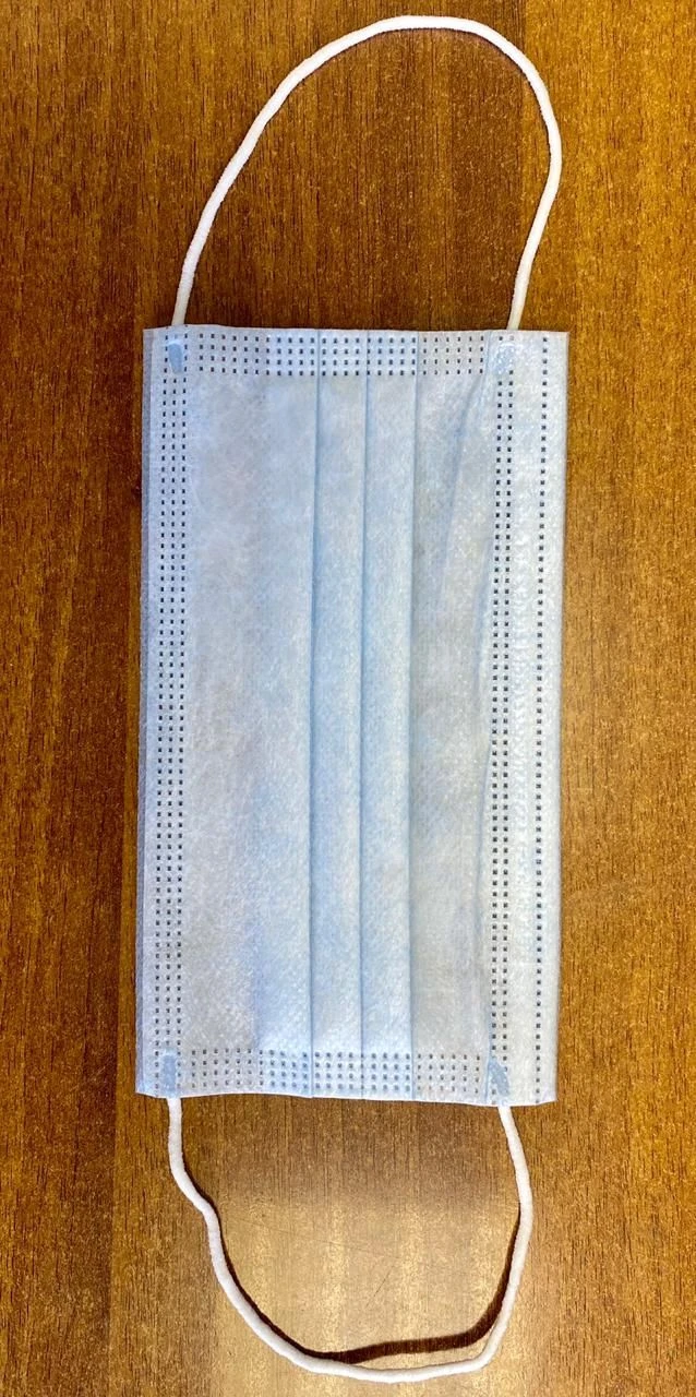 Disposable three-layer medical mask on elastic bands according to TU 32.50.50-001-75756402-2020, blue.