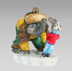 Handmade glass Christmas tree toy "Skating with elephant and hare"