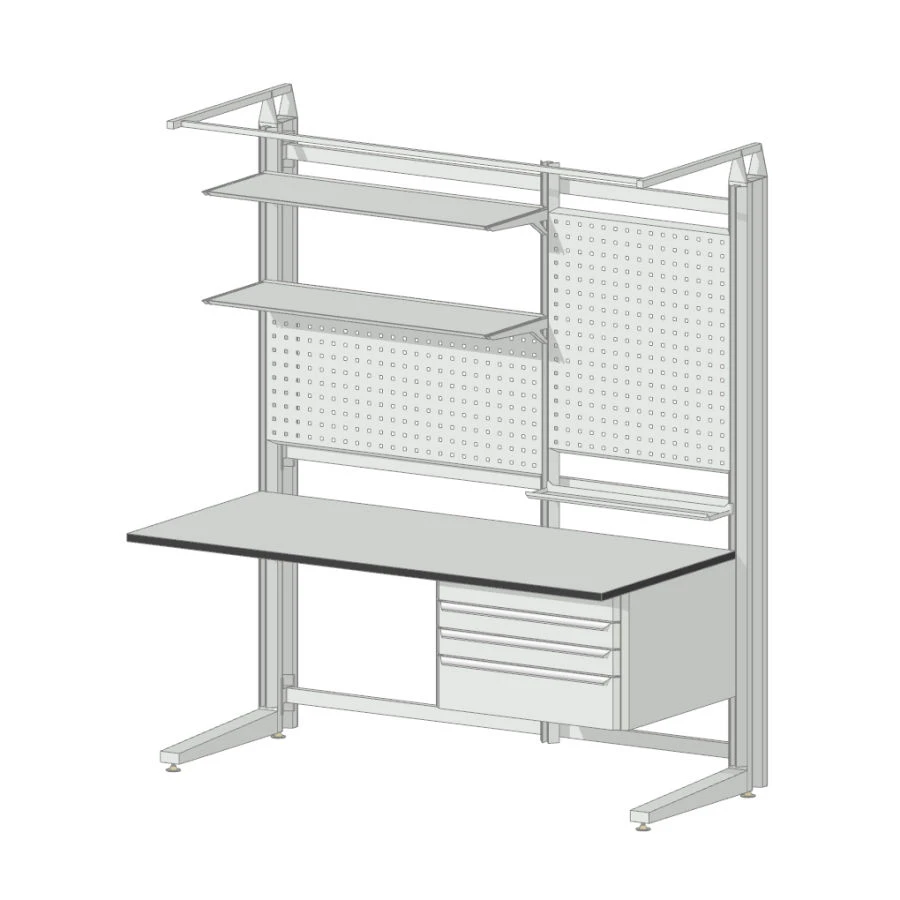 Industrial metal table with drawer and screen above the table top (LxWxH): 810x1560x1820 mm