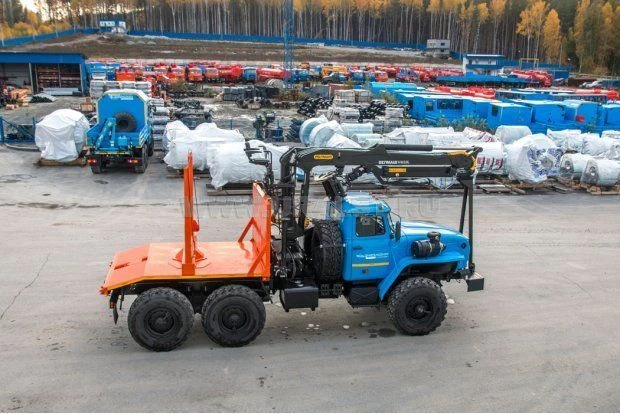 Timber hauler UST brand modification 54538D-01 with CMU: OMTL-70-01, OMTL-120-02, VM10L74 on chassis Ural 5557-1151-60, 5557-115