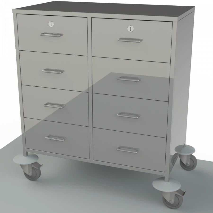 Anaesthesiologist's mobile table with table top, drawers and shelves made of stainless steel on the side, for storing supplies