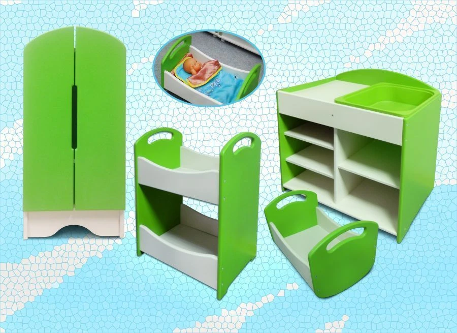 Furniture for doll "Anyuta" (wardrobe, table for doll care, bunk bed, cradle bed).