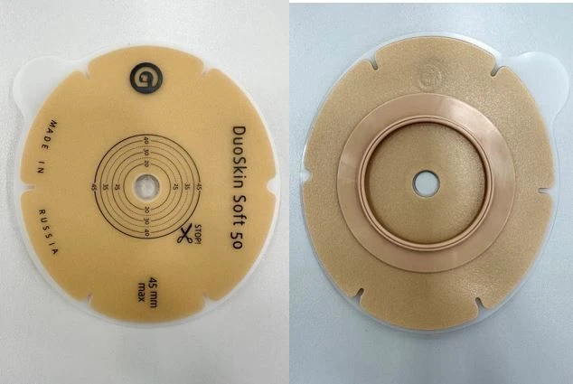Rehabilitation device for stomical use in colostomies, ileostomies and urostomies: flat plate, convex plate.