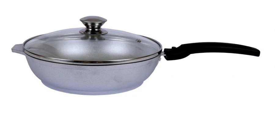 Frying pan 220/50mm (uncoated) cast aluminium Kukmara TM, with removable Bakelite handle, glass lid