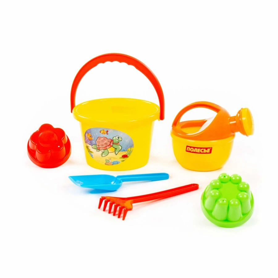 Set No. 205: Medium bucket, trowel, shovel, rake, 2 moulds, small watering can No. 4, Item No. 4375