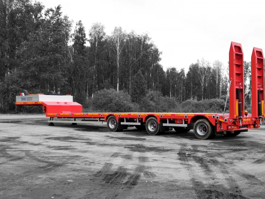 Semitrailer Politrans 94183-010. In design: metal platform with a loading platform, with ladders, with flatbed in the front part