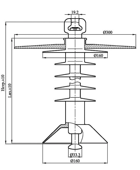 Suspended rod insulator with ribbed shell made of organosilicon rubber PSPKr 120-25/1,2-EZE-GP-1