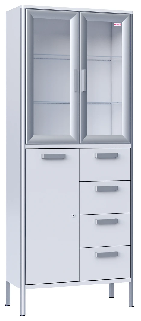 Medical cupboard, two-section, two-leaf, made of aluminium profile and laminated plastic board, with glass shelves