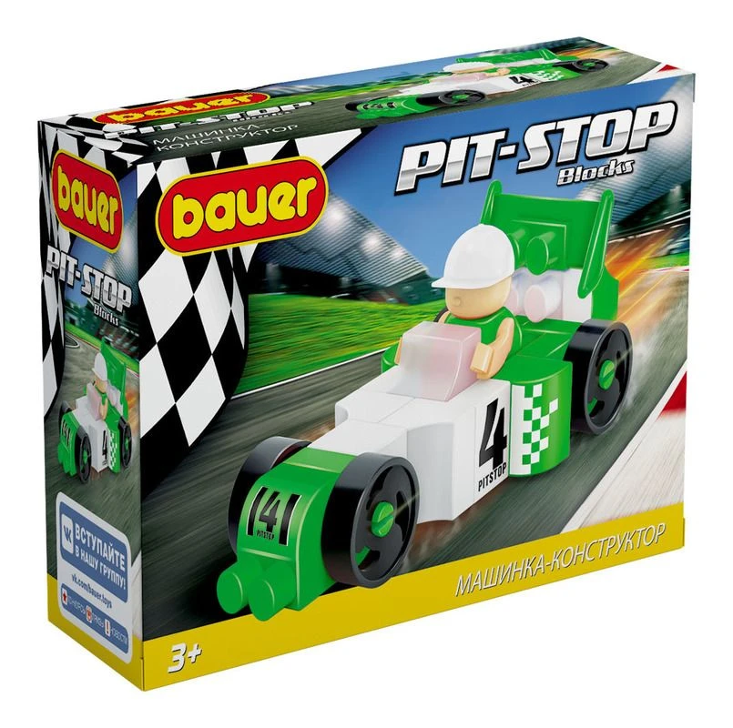 Toy children's educational constructor Bauer series "Pit Stop" set "Racing car" in a box (colour green, black, white).