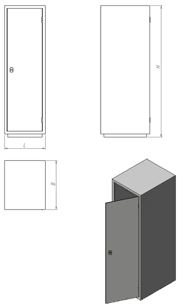 Metal bookkeeping cabinet with one door, three compartments and tray (series ??.?.?.1)