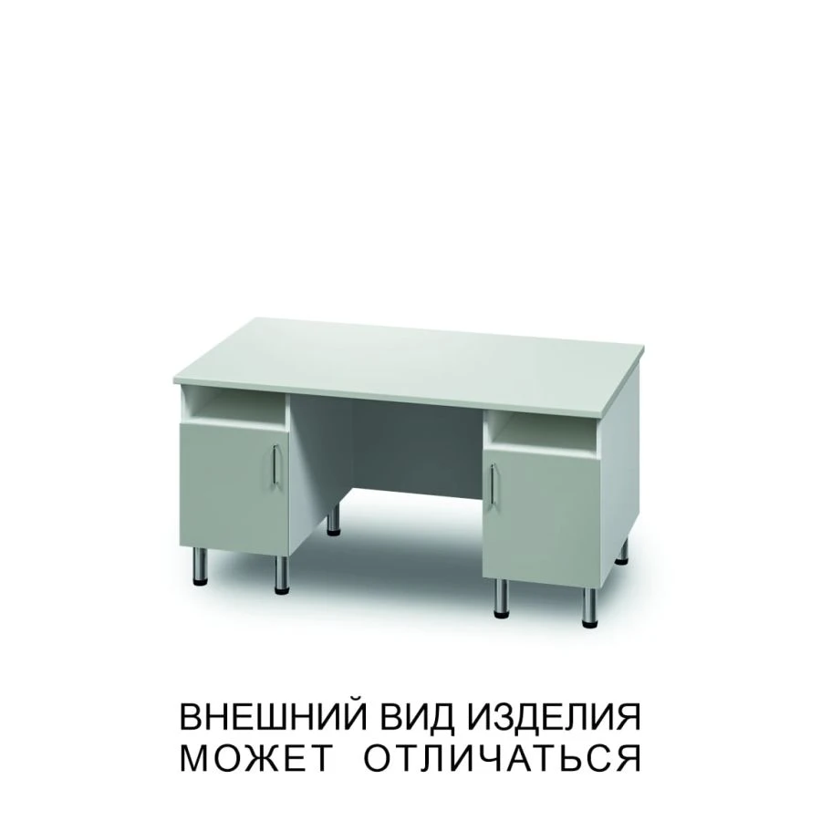 Two-desk unit with swinging doors, open shelves and screen