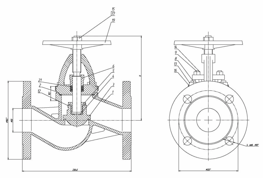 Shut-off and regulating flanged bore valve DN 50 PN 10 series 458 (KMIA.491115.002-05)