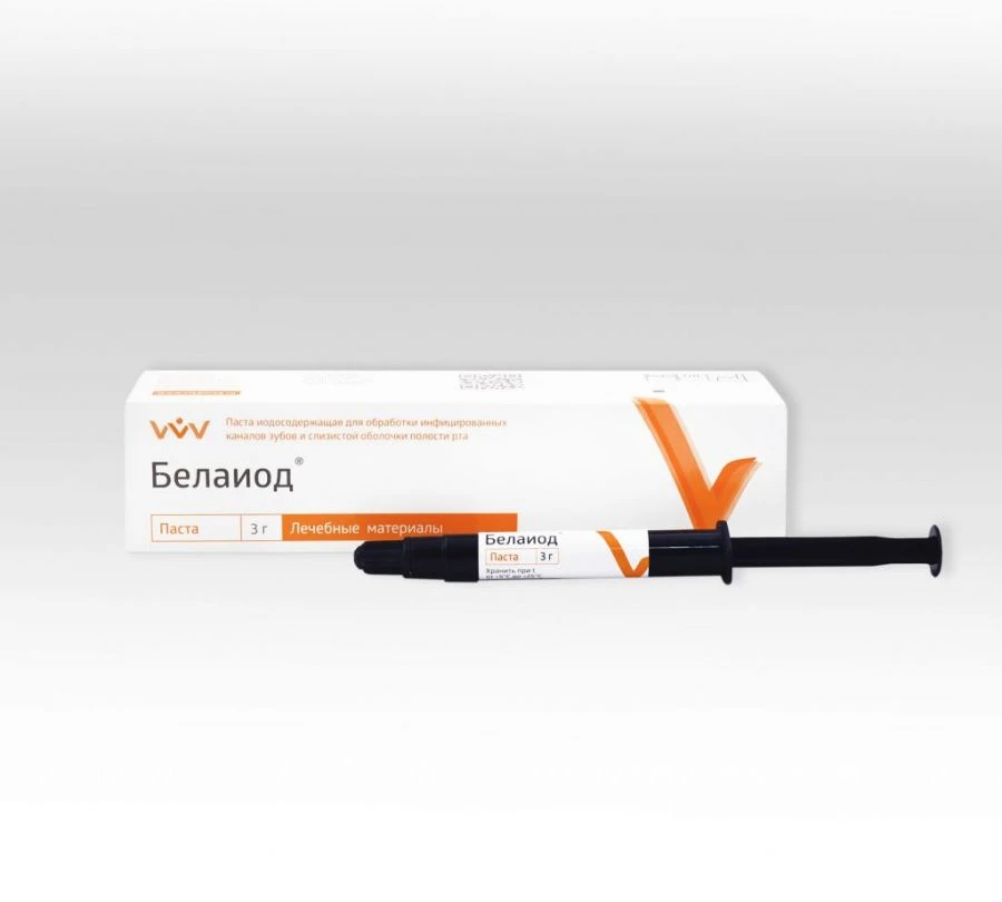 Material auxiliary Belaiod Iodine-containing paste for treatment of infected canals of teeth and mucous membrane of mouth cavity