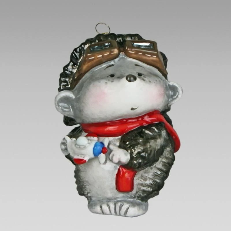 Handmade glass Christmas tree toy "Hedgehog with aeroplane grey"