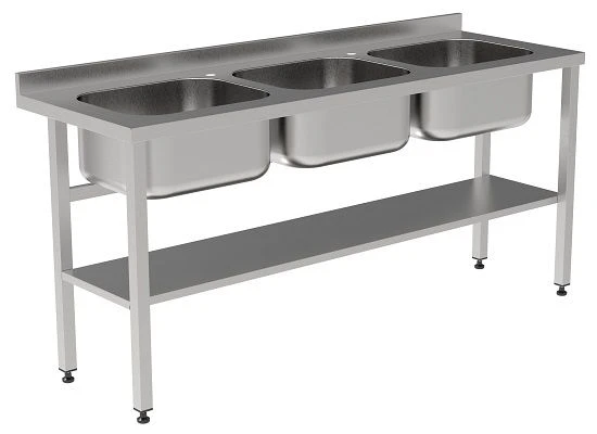 Table with three sinks, stainless steel, open with edge, 1800x600x850 mm
