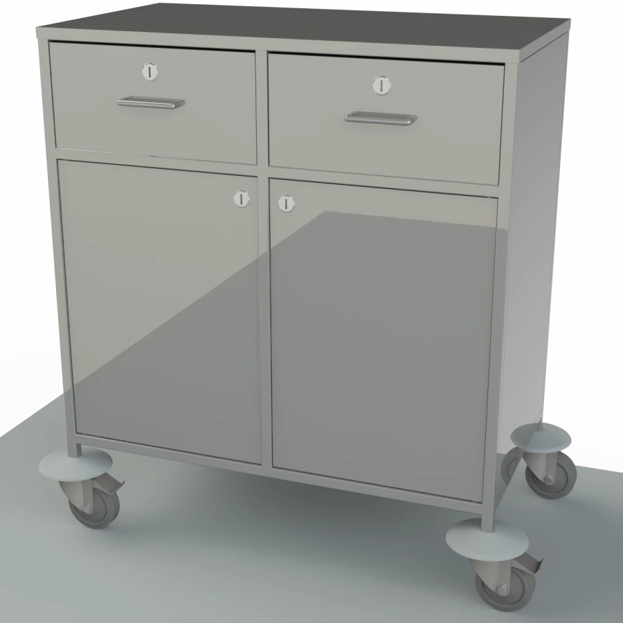 Anaesthesiologist's mobile table with table top, drawers and shelves made of stainless steel on the side, for storing supplies