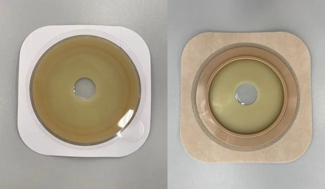 Rehabilitation device for stomical use in colostomies, ileostomies and urostomies: flat plate, convex plate.