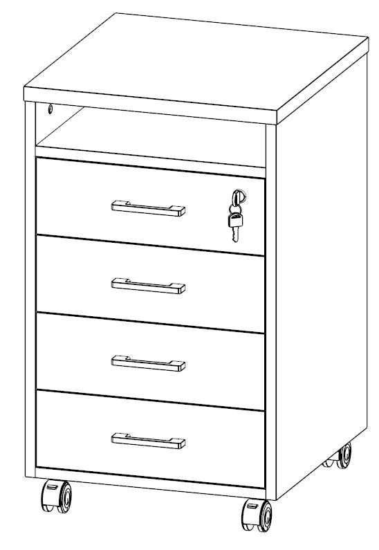 Mobile cabinet on wheels 4 drawers 750 lock on top drawer, art. no. EVL306