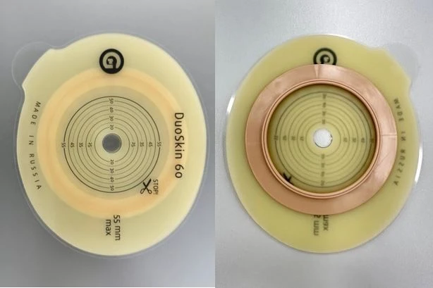 Rehabilitation device for stomical use in colostomies, ileostomies and urostomies: flat plate, convex plate.