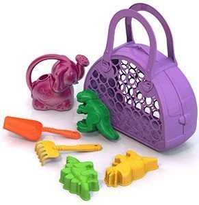 Sand Set #116 (3 "Dinosaur" moulds, rake, trowel, watering can, basket bag)