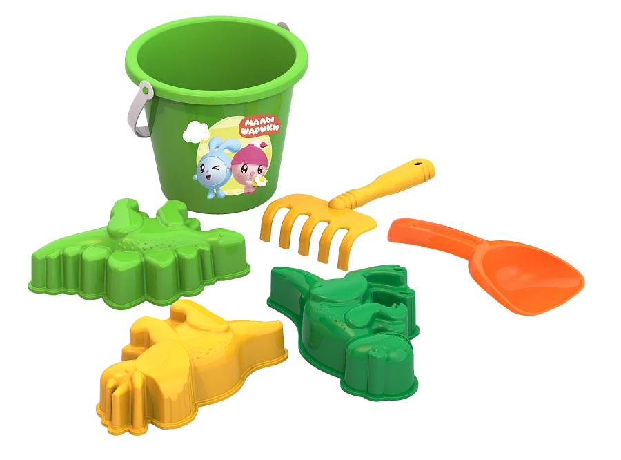 Sand set Malyshariki #2 "Kroshik and Nyushenka" (bucket, rake, scoop, 3 dinosaur moulds)
