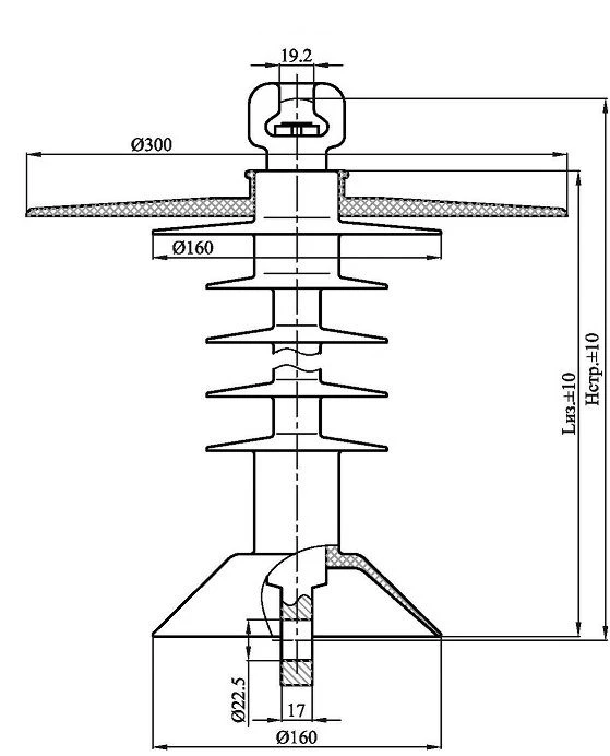Suspended rod insulator with ribbed shell made of organosilicon rubber PSPKr 120-25/1,2-PZE-GU