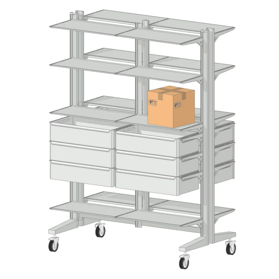 Mobile double-sided metal shelving unit with drawers on roller supports (?????) 800?1260?1800 mm