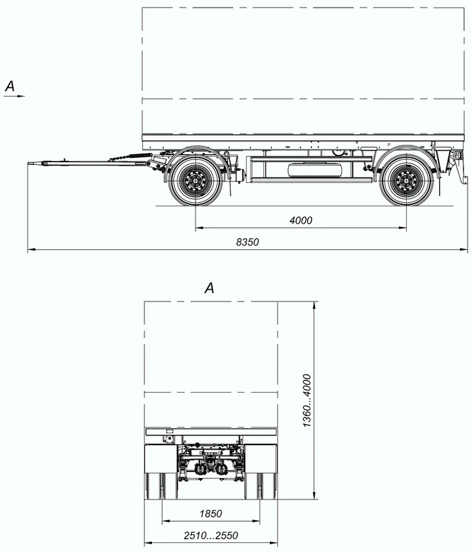 Biaxial cargo trailer (without steering) 8465-14 using axles manufactured by LLC "BPV-OT": wheel axles with torus.