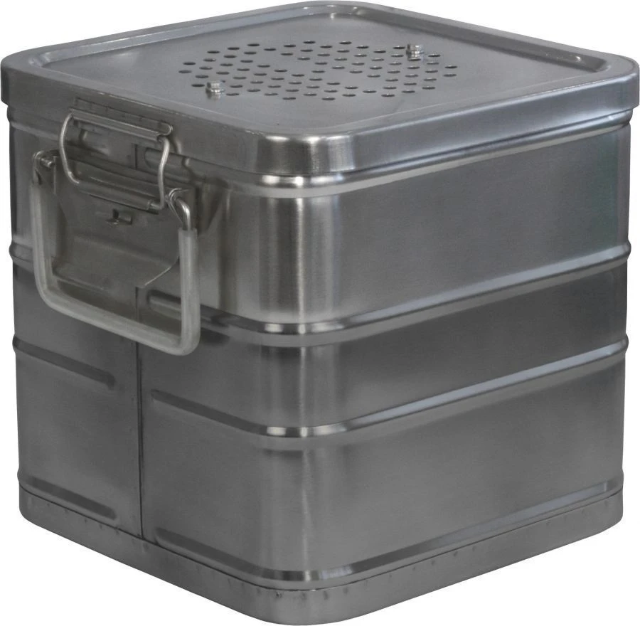 Sterilisation rectangular boxes with filters for placing dressing material, surgical linen, medical instruments.