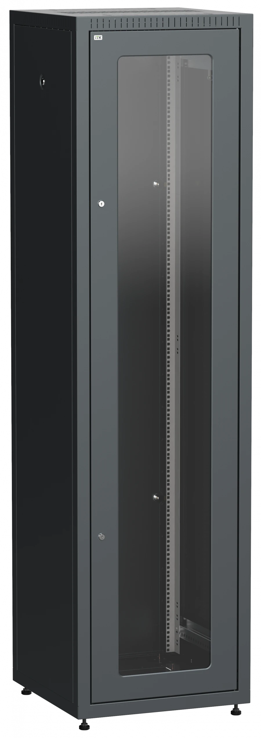 LE05-42U66-GM ITK Cupboard LINEA E 42U 600x600mm doors 2pc glass and metal black.