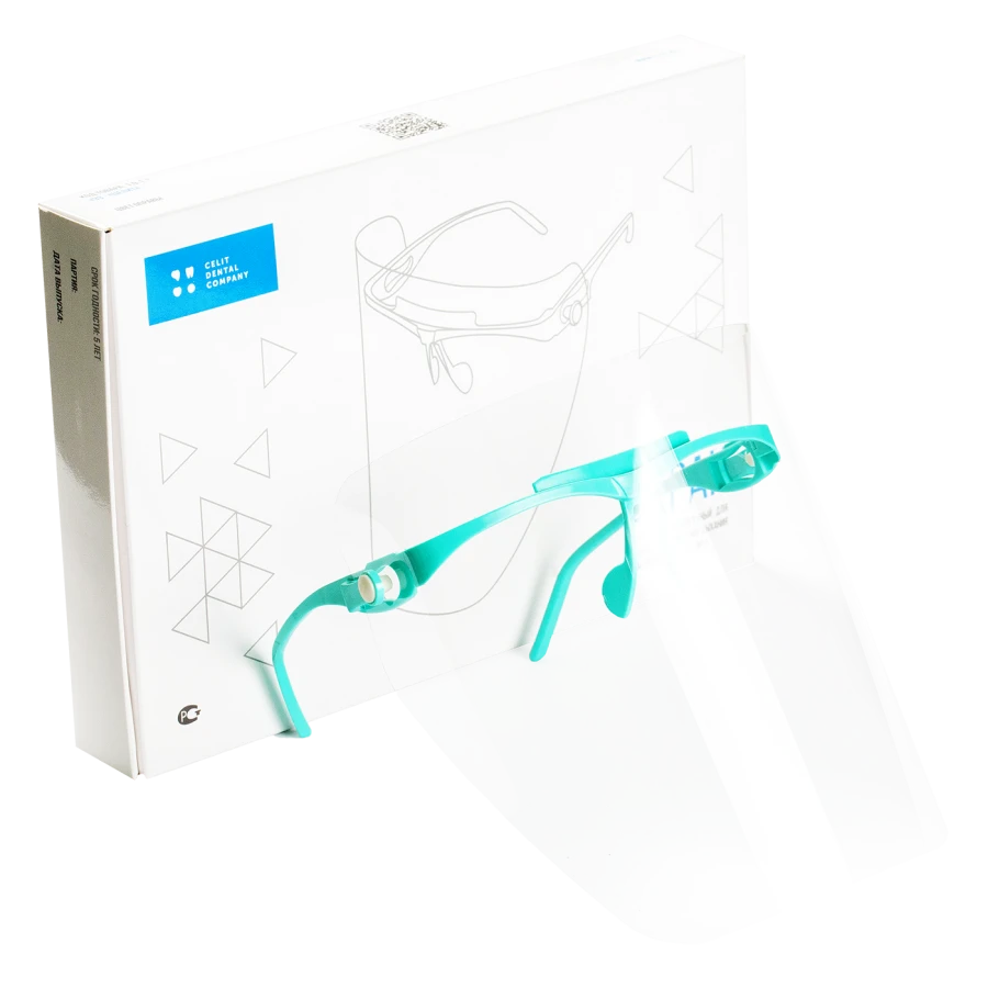 E3-CELIT polymer transparent screen for eye and respiratory protection for dentists, 1 frame, 5 shields, frame colour green