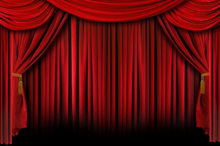 Stage backdrop - Materials: drapery and interior fabrics made of non-combustible synthetic fibres and threads (velvet, blackout,
