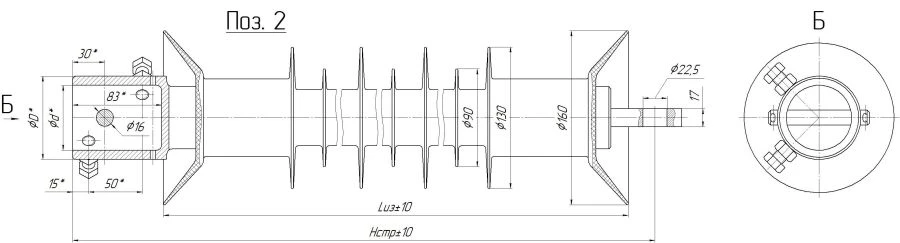 Cantilever rod insulator with ribbed shell made of organosilicon rubber KSPKr 70-25/0,95-P-T1