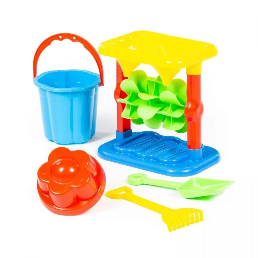 Set No. 347: Sand Mill No. 2 with base, small flower bucket, small shovel No. 3, small rake No. 3, 1 mould, Article No. 357