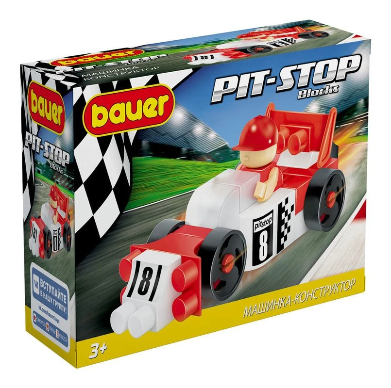 Toy children's educational constructor Bauer series "Pit Stop" set "Racing car" in a box (colour red, white). 30 elements