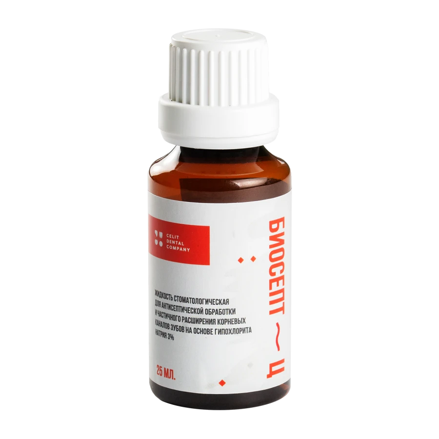 BIOSEPT-C dental liquid for antiseptic treatment and partial enlargement of root canals based on hypochlorite.