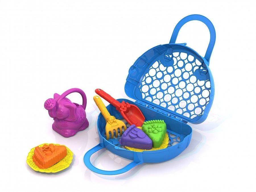 Sand Set ?124 (3 moulds "Cakes", 3 saucers, rake, scoop, watering can, bag - basket)