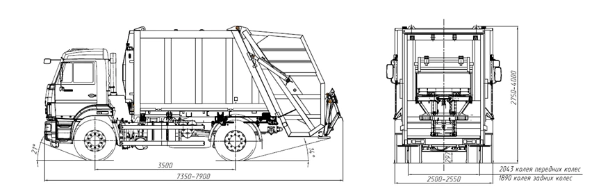 Rear-loading rubbish truck KM-7028-80 on KAMAZ 43255 chassis with 43255-G5 modification.